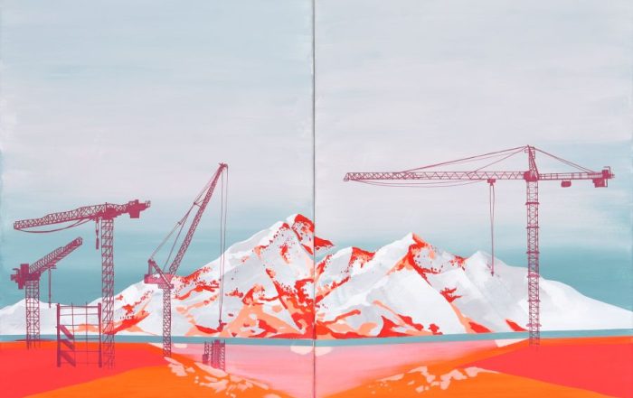 Mesto rdečega prahu, diptih, akril in flomaster na platnu, 120 x 160 cm, 2024